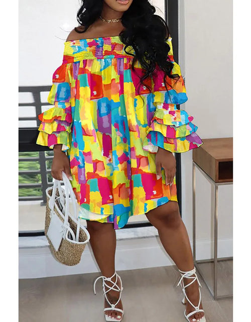 Load image into Gallery viewer, Plus Size Yellow Daily Pattern Print Ruffles Off The Shoulder Midi Dresses
