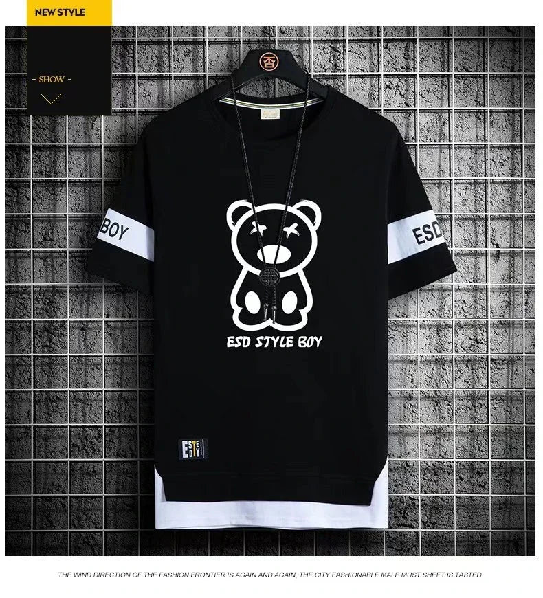 Men's Oversize T-Shirt Short Sleeve Korean Style Streetwear Harajuku Print Casual O-Neck Polyester Top for Spring And Summer