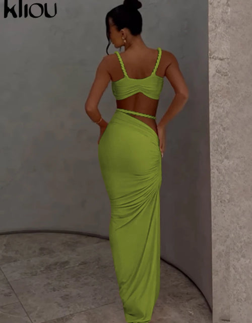 Load image into Gallery viewer, Woven Sexy Women 2 Piece Set Stunning Hot Solid Pleated Crop Camisoles High Waist Maxi Skirt

