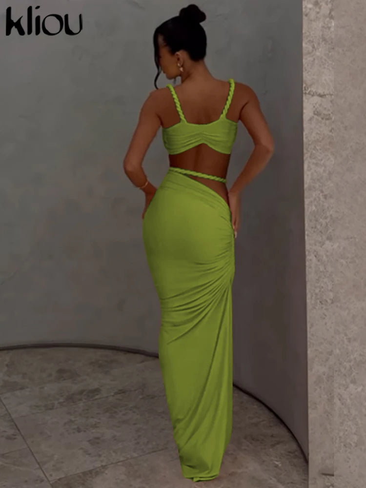 Woven Sexy Women 2 Piece Set Stunning Hot Solid Pleated Crop Camisoles High Waist Maxi Skirt