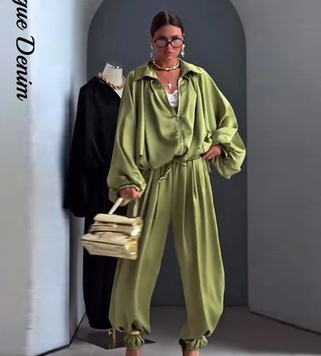 Women's Casual Loose Coats Pants Set Full Sleeve Lapel Zippers Solid Spring Suit High Waist Wide Leg Pants2026