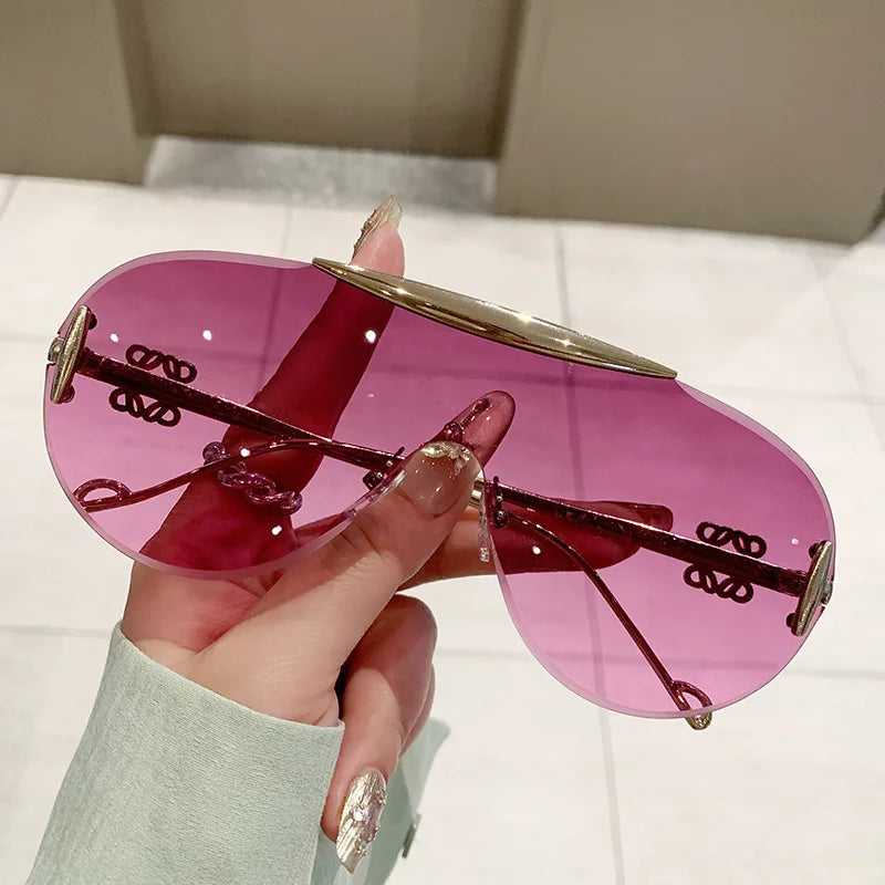 Women's Oversize Rimless One Piece Shield Sunglasses Gradient UV400 Fashion Alloy Frame Casual Shades Y2K Style
