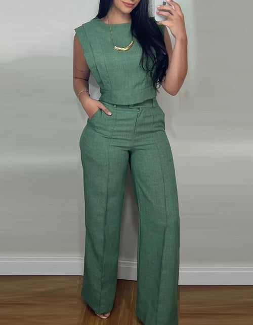 Load image into Gallery viewer, 2025 Spring 2 Pieces Round Neck Cap Sleeve Crop Top and Casual Pocket Design Straight Pants Set
