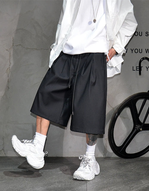 Load image into Gallery viewer, Baggy Casual Black Wide Leg Shorts for Men Elastic Waist Drawstring Loose Fitting
