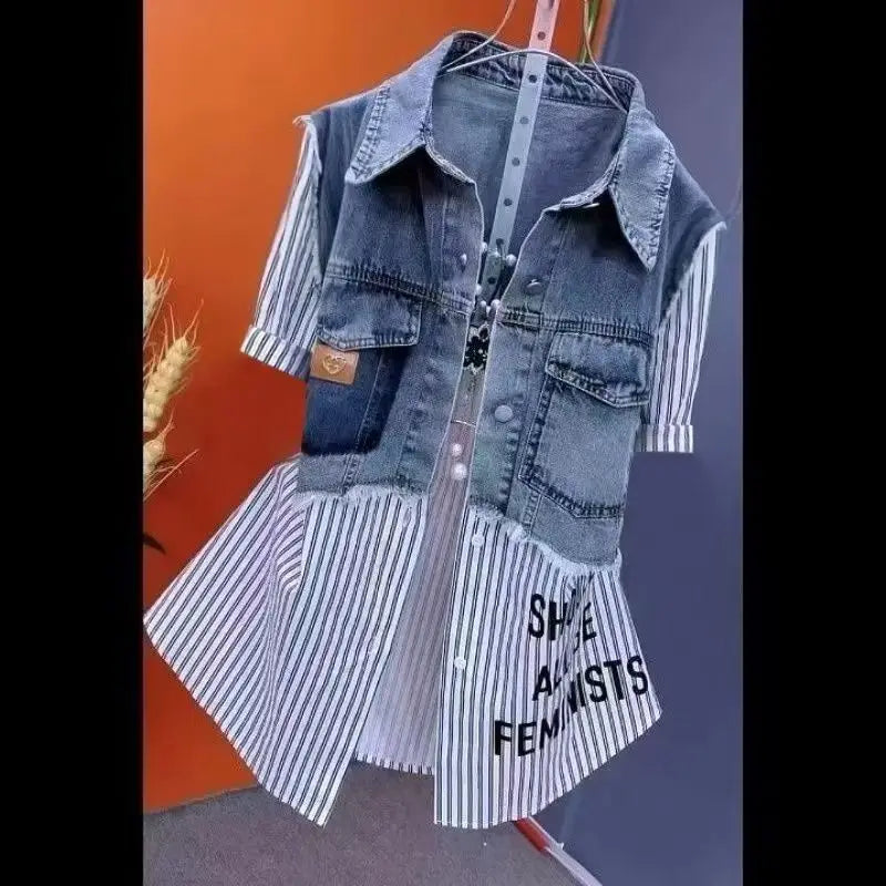 Fashion Striped Denim Jacket Women's New Design Sense Stitching Women