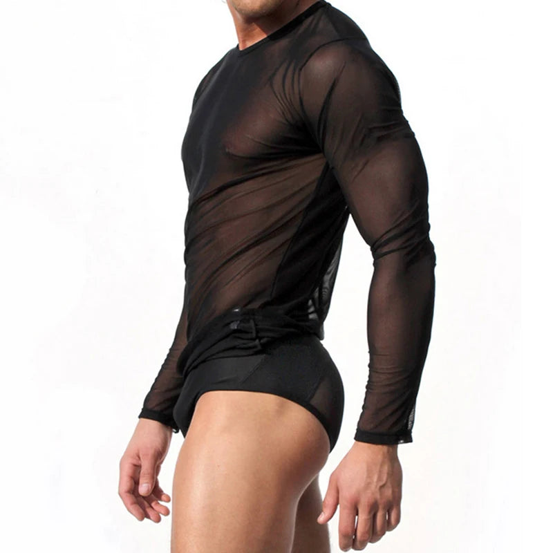 Sexy Unique Transparent T-shirt Men See Through Autumn Long Sleeve Top