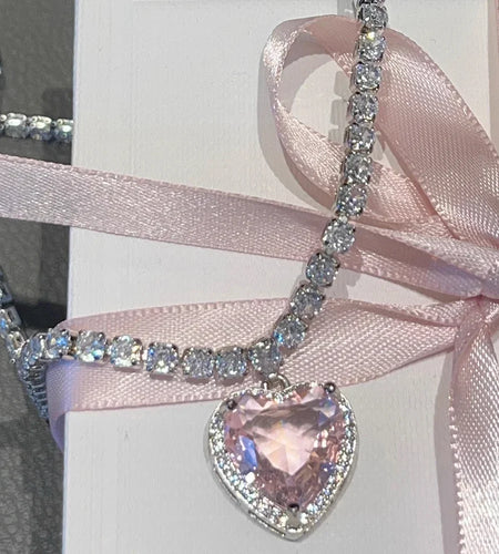 Rhinestone Pink Heart Pendant Necklace for Women Lovers Clavicle Chain Choker  Cute Crystal Moonstone