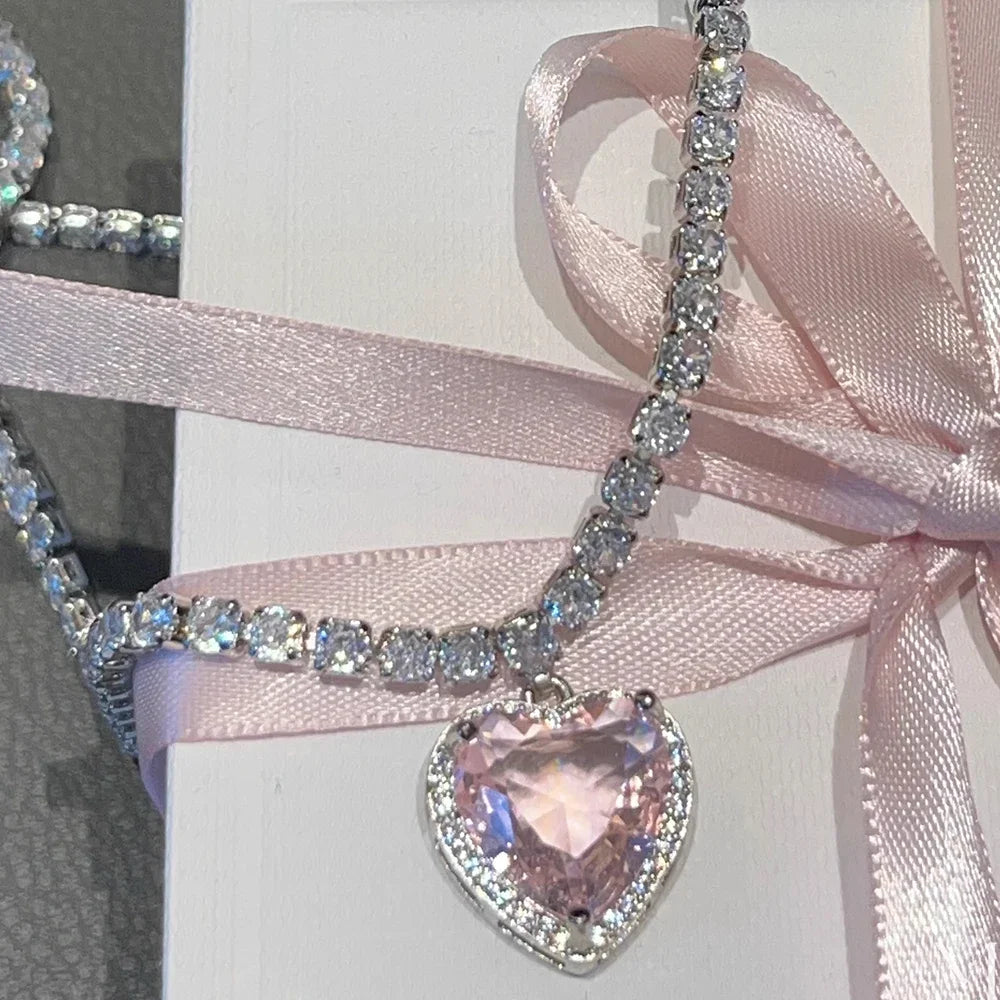 Rhinestone Pink Heart Pendant Necklace for Women Lovers Clavicle Chain Choker  Cute Crystal Moonstone