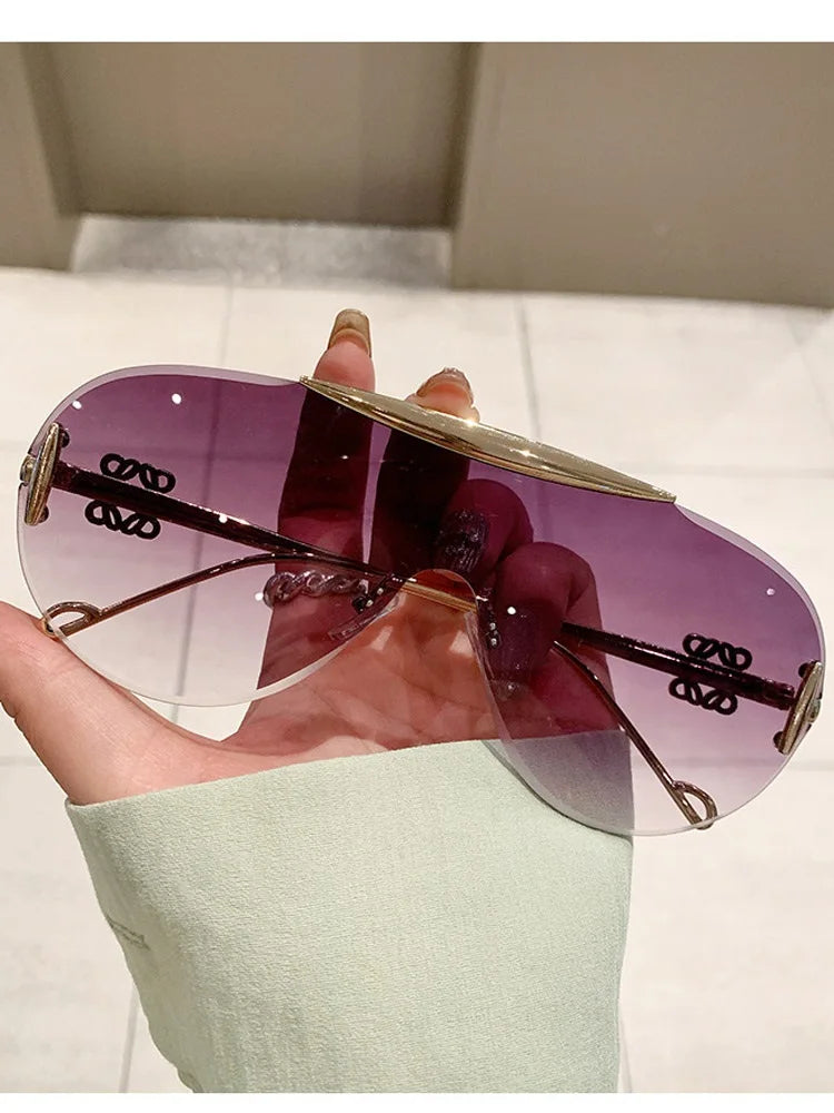Women's Oversize Rimless One Piece Shield Sunglasses Gradient UV400 Fashion Alloy Frame Casual Shades Y2K Style