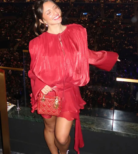 Elegant Pleated Short Dress Women Loose Lace Up Long Lantern Sleeve V Neck Dresses Female 2025 Spring Hollow Out