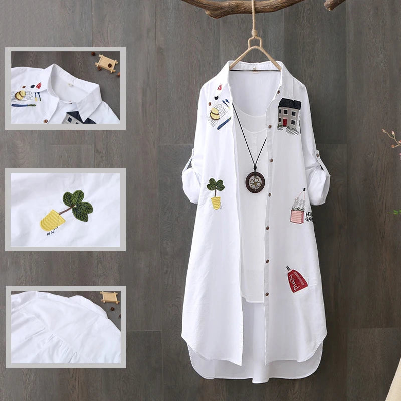 Women Cotton Embroidery Loose Long White Shirts 2023 Spring Autumn New Casual Office Lady Blouse Female Top Oversize 4XL Blouse