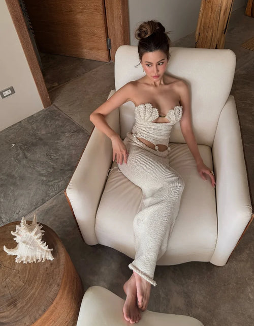 Load image into Gallery viewer, Crochet Knitted Pearl Bra Skirt Set ,Backless Hollow Out Short Top Twists Long Skirt
