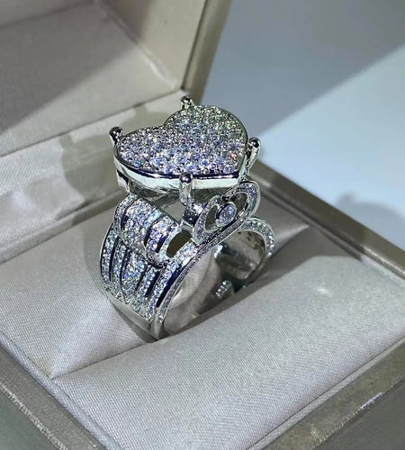 New 925 Silver Exquisite Big Heart Ring 5A CZ Micro Pave Cubic Zirconia Ring Fully Iced Out Bling  Women Jewelry