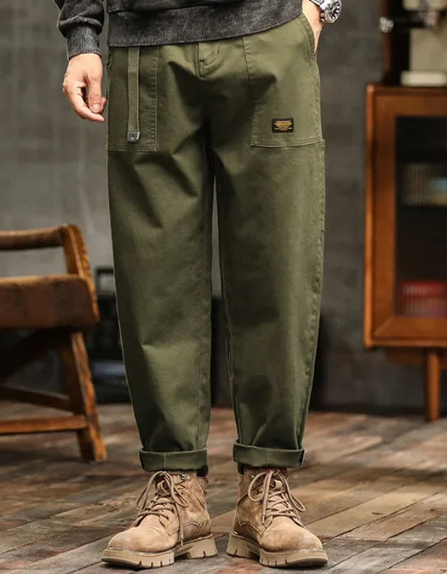 Load image into Gallery viewer, Men's Loose Fit Cargo Trousers Army Green Casual Vintage Style Zip Fly Full Length Pants Midweight Cotton Elastic Waist
