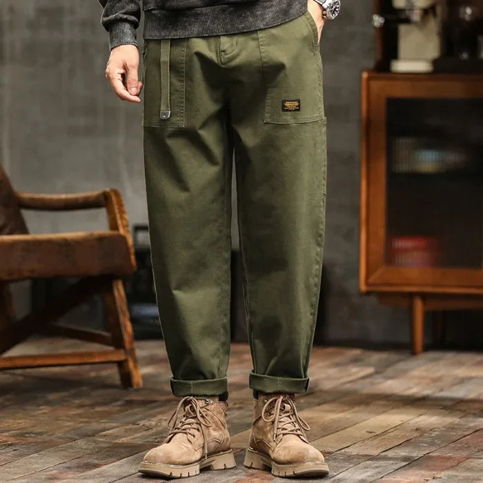 Men's Loose Fit Cargo Trousers Army Green Casual Vintage Style Zip Fly Full Length Pants Midweight Cotton Elastic Waist