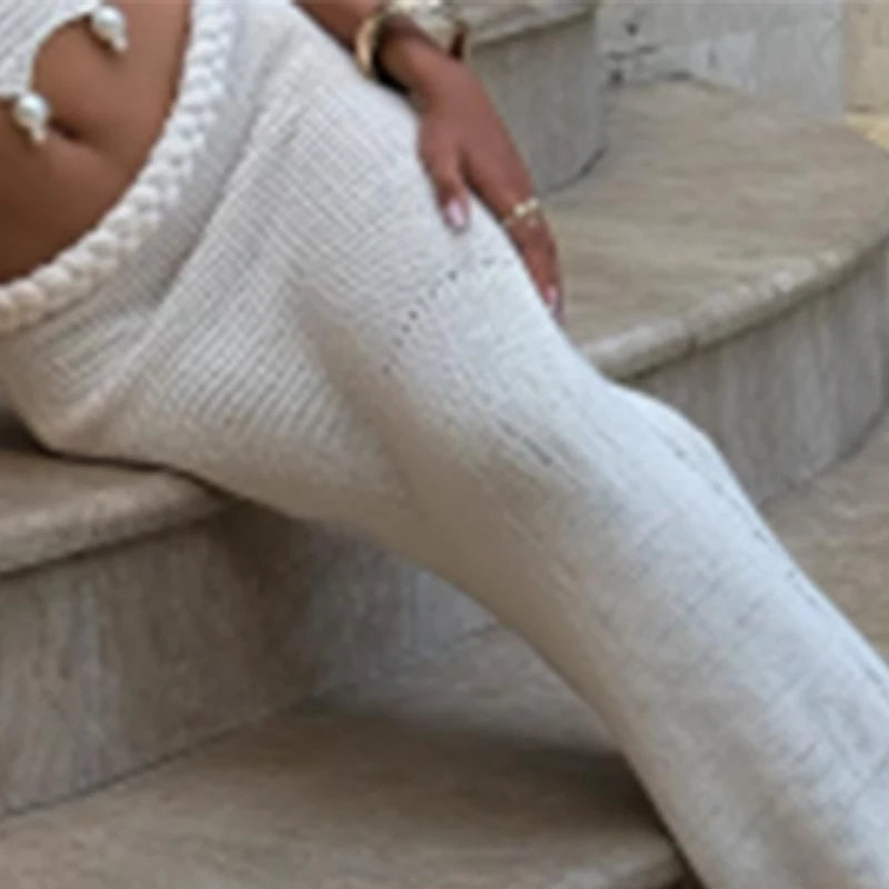 Crochet Knitted Pearl Bra Skirt Set ,Backless Hollow Out Short Top Twists Long Skirt