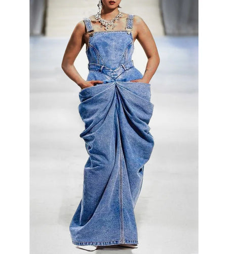 Plus Size Fashion Women's Dress Blue Bow Overalls Four Seasons Folding Denim Long Skirt