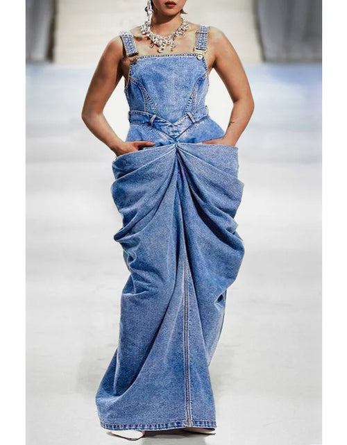 Load image into Gallery viewer, Plus Size Fashion Women&#39;s Dress Blue Bow Overalls Four Seasons Folding Denim Long Skirt
