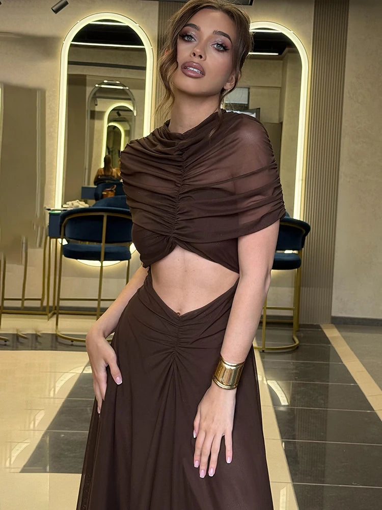 Hollow Out Short Sleeve Sexy Maxi Dress Women Fashion O Neck  High Waist Bodycon Club Party Long Dress
