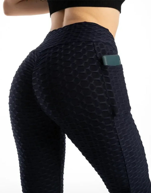 Load image into Gallery viewer, Women Fashion Pocket Bubble Pants Stretchy Slim Leggings Gym Running Cycling Fitness Pants High Waist Hip Lift Leggings Female
