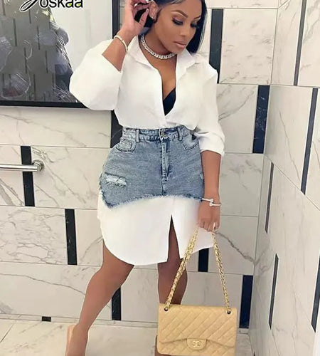 Solid Lapel Long Sleeve Single Breasted Shirt Dress and Irregular Denim Skirt