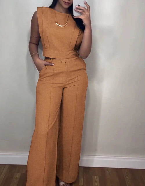 Load image into Gallery viewer, 2025 Spring 2 Pieces Round Neck Cap Sleeve Crop Top and Casual Pocket Design Straight Pants Set
