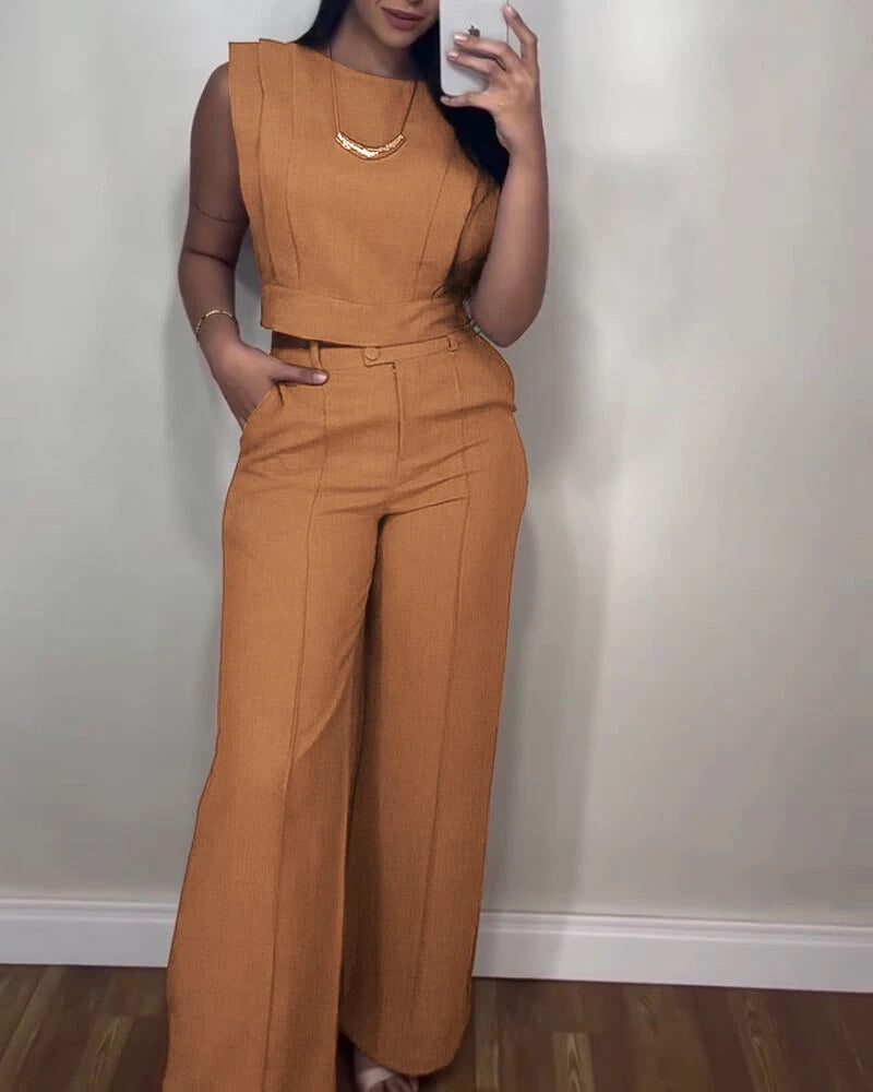 2025 Spring 2 Pieces Round Neck Cap Sleeve Crop Top and Casual Pocket Design Straight Pants Set