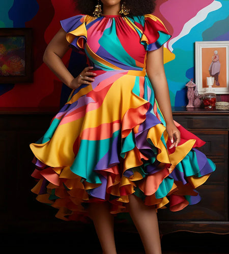 Pleated A-Line Ruffle Dress Plus Size Vintage Multicolor Round Neck Petal Sleeve Short Sleeve Elegant Sweet Satin Midi Dress