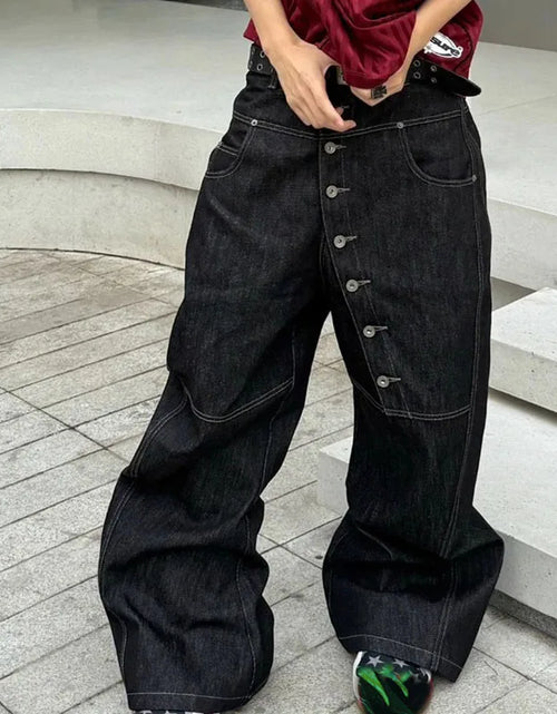 Load image into Gallery viewer, Men's High Street Buckle Curved Jeans Loose Straight Leg Black Wide Leg Casual Hip-Hop Pants Full Length Softener Mid-Waist
