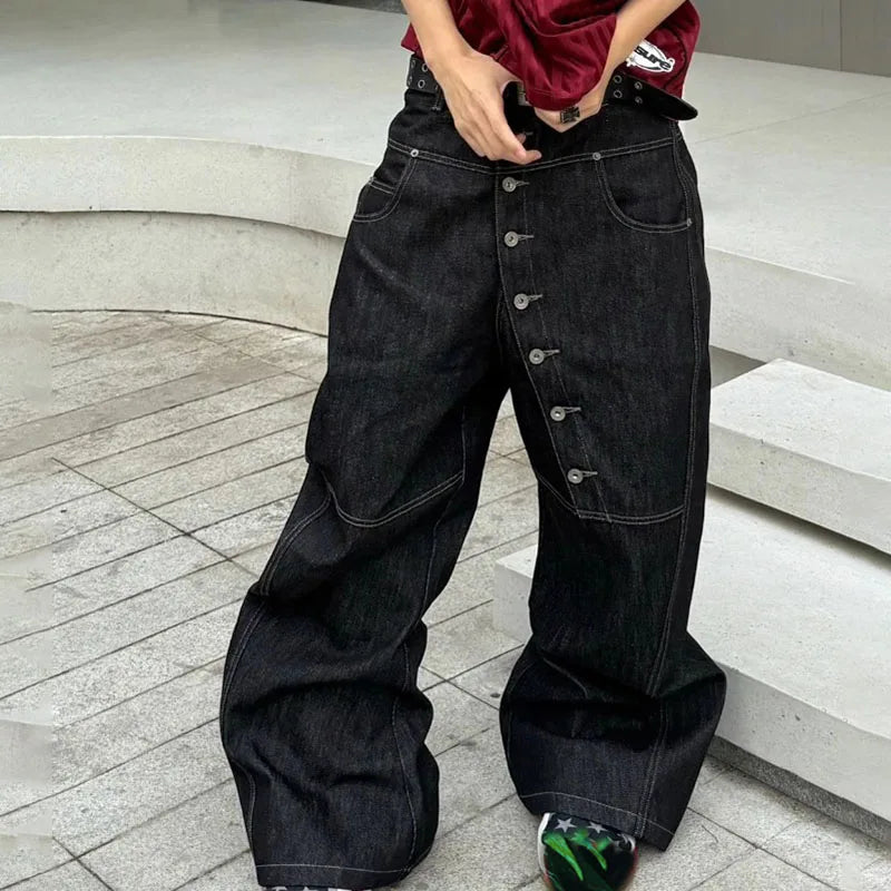 Men's High Street Buckle Curved Jeans Loose Straight Leg Black Wide Leg Casual Hip-Hop Pants Full Length Softener Mid-Waist
