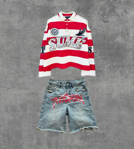 2 Pcs Shirts Sume Rugby Diamond Embroidery Stripe Polo Shirt Y2K Retro Classic Unisex Oversized Long Sleeved Shirt Short Sets