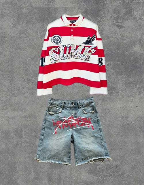 Load image into Gallery viewer, 2 Pcs Shirts Sume Rugby Diamond Embroidery Stripe Polo Shirt Y2K Retro Classic Unisex Oversized Long Sleeved Shirt Short Sets
