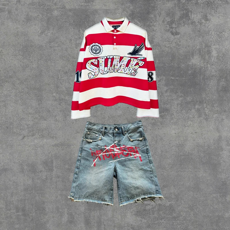 2 Pcs Shirts Sume Rugby Diamond Embroidery Stripe Polo Shirt Y2K Retro Classic Unisex Oversized Long Sleeved Shirt Short Sets
