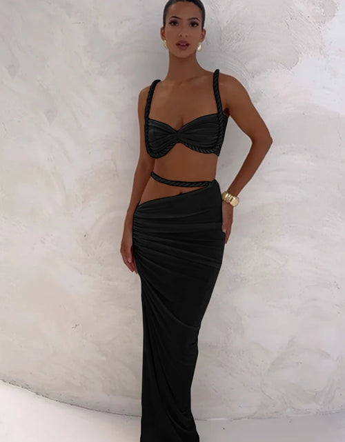 Load image into Gallery viewer, Woven Sexy Women 2 Piece Set Stunning Hot Solid Pleated Crop Camisoles High Waist Maxi Skirt
