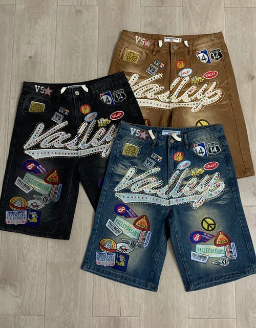 Load image into Gallery viewer, 2026 American VALLEY Embroidery Rhinestone Logo Patch Label Denim Shorts Men High Quality Loose Straight Short Jeans
