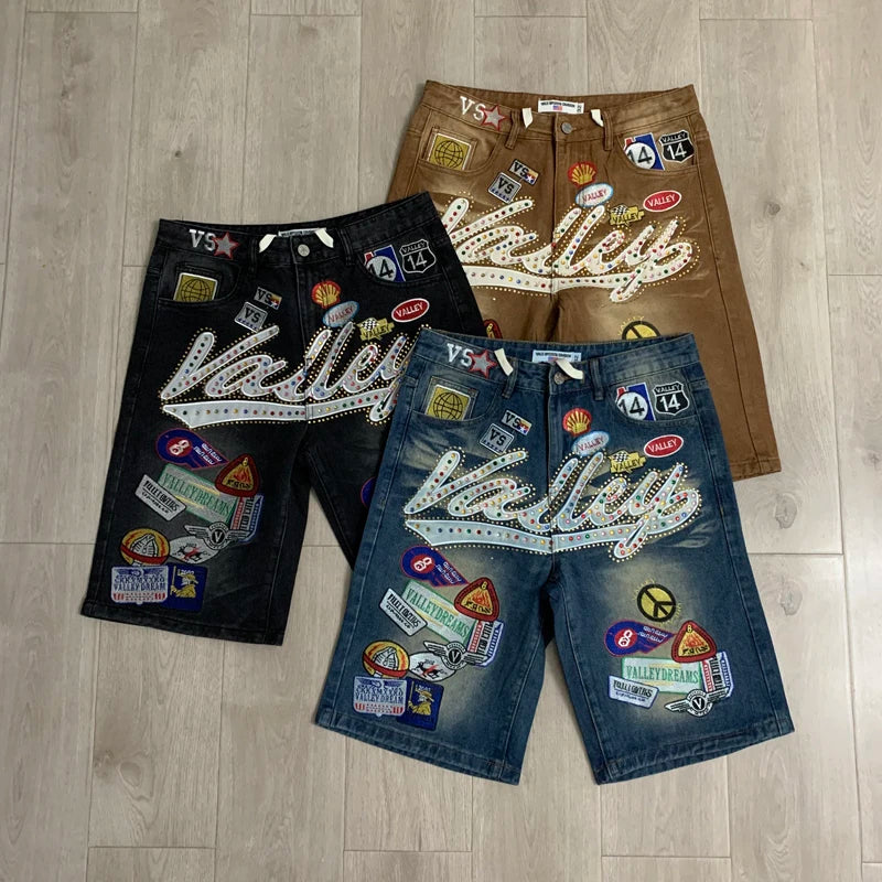 2026 American VALLEY Embroidery Rhinestone Logo Patch Label Denim Shorts Men High Quality Loose Straight Short Jeans