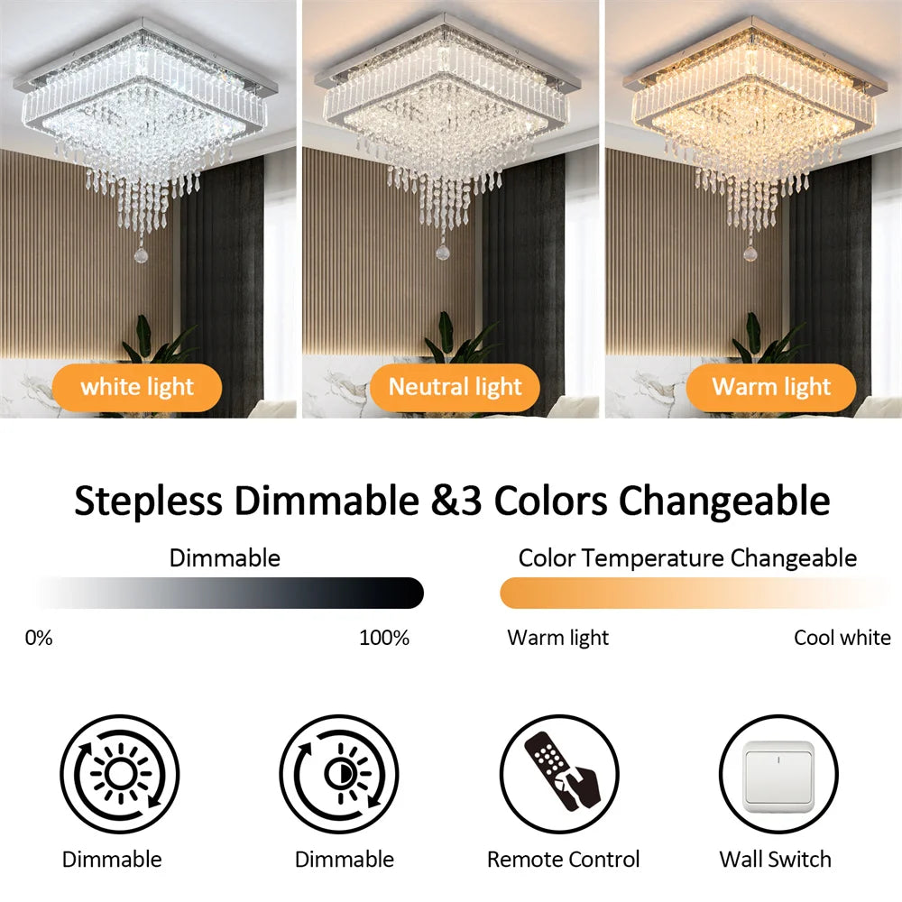 Luxury Crystal Square Bright Led Chandelier Modern Pendant Light Ceiling Lamp Dimmable Flush Mount Bedroom Dinning Living Room