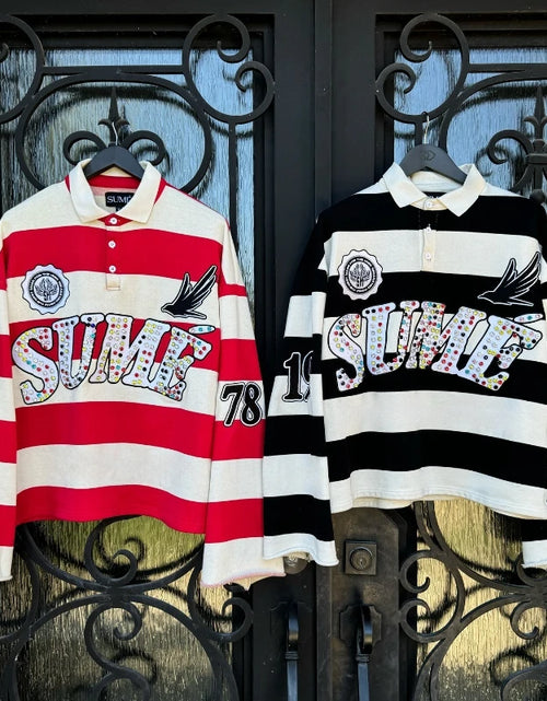 Load image into Gallery viewer, 2 Pcs Shirts Sume Rugby Diamond Embroidery Stripe Polo Shirt Y2K Retro Classic Unisex Oversized Long Sleeved Shirt Short Sets
