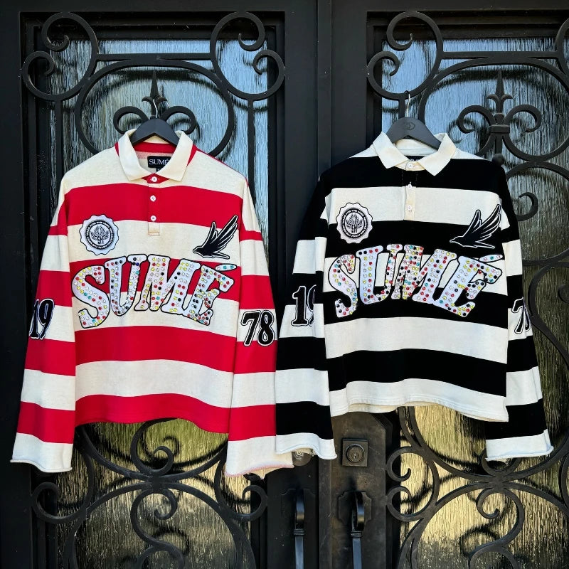 2 Pcs Shirts Sume Rugby Diamond Embroidery Stripe Polo Shirt Y2K Retro Classic Unisex Oversized Long Sleeved Shirt Short Sets