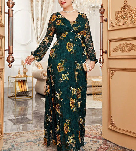 Spring Summer Lace Mesh Floral Print Lantern Sleeve Dress New Plus Size