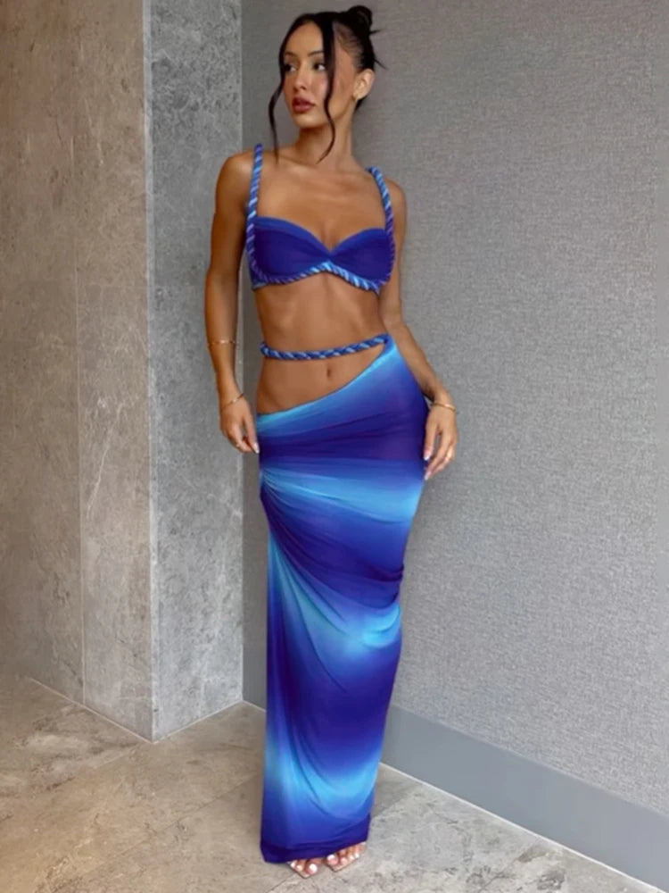 Woven Sexy Women 2 Piece Set Stunning Hot Solid Pleated Crop Camisoles High Waist Maxi Skirt