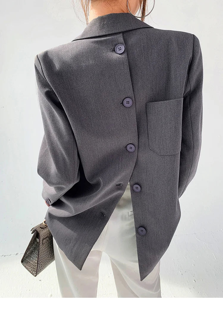 Tide Designer Back Button Blazer For Women Gray Notched Long Sleeve Fashion Female 2025 Spring New Clothing