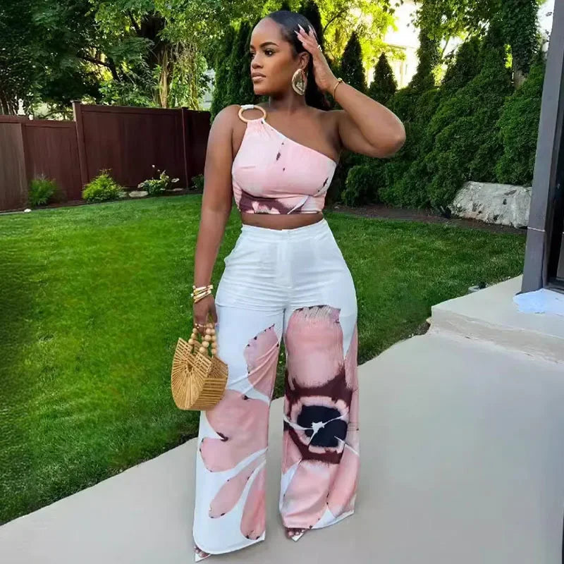 Floral Print Summer Two Piece Set Women Holiday One Shoulder Crop Top and Loose Wide Leg Pants