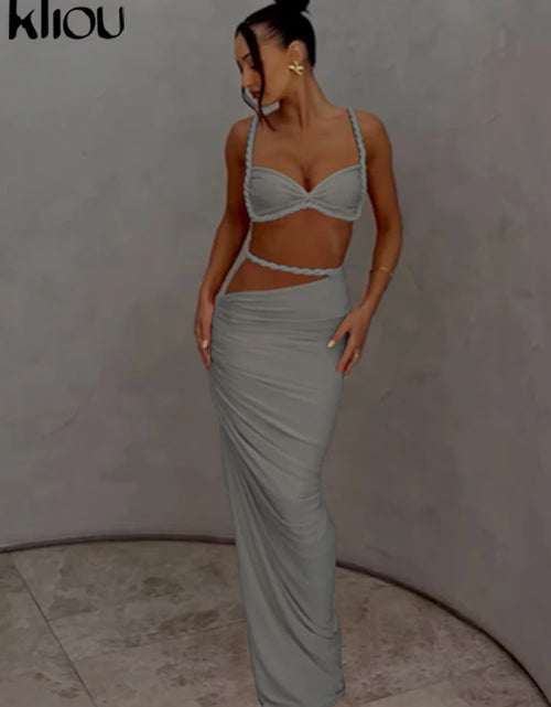 Load image into Gallery viewer, Woven Sexy Women 2 Piece Set Stunning Hot Solid Pleated Crop Camisoles High Waist Maxi Skirt
