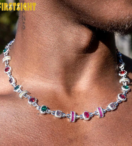 New Colour Oval Square Charm Necklace Silver Color Iced Out Cubic Zircon Cuban Chain Choker Women Men Fashion Hip Hop Jewelry