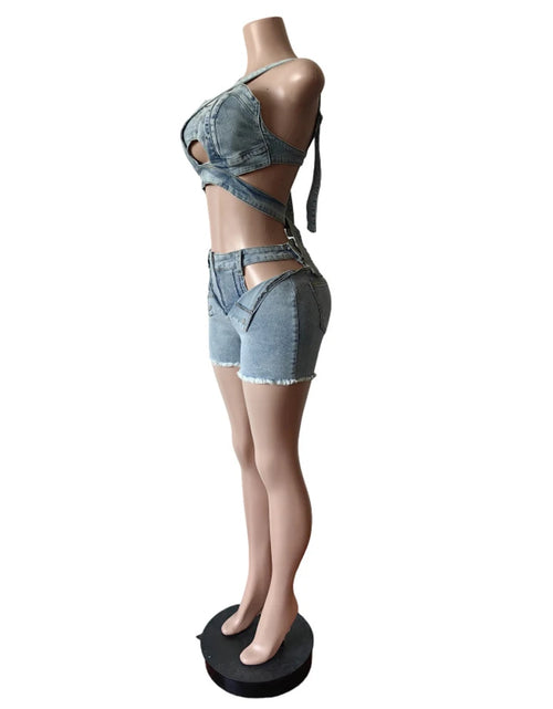 Load image into Gallery viewer, Sexy Jean Women Short Sets Straps Denim Crop Top and Cut Out Shorts Set 2025 Summer Clothes Streetwear Two 2 Piece  Outfits
