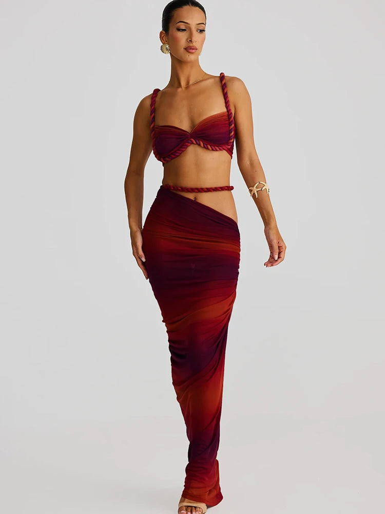Woven Sexy Women 2 Piece Set Stunning Hot Solid Pleated Crop Camisoles High Waist Maxi Skirt