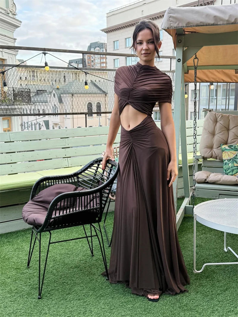 Hollow Out Short Sleeve Sexy Maxi Dress Women Fashion O Neck  High Waist Bodycon Club Party Long Dress
