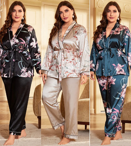 Large Size Pajamas Set Casual Sleepwear Women Satin 2PCS Shirt& Pants Lounge Wear  Nightwear