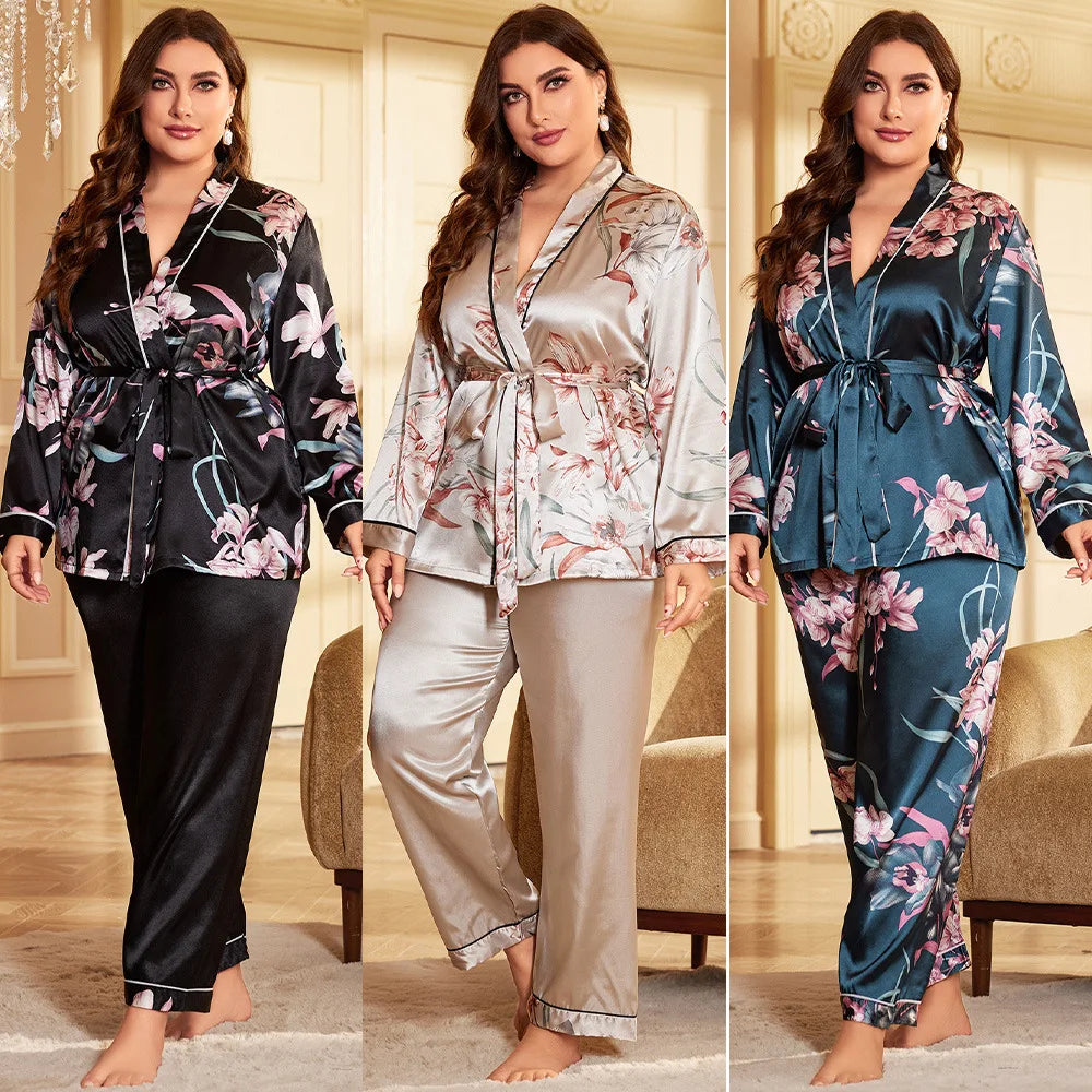 Large Size Pajamas Set Casual Sleepwear Women Satin 2PCS Shirt& Pants Lounge Wear  Nightwear